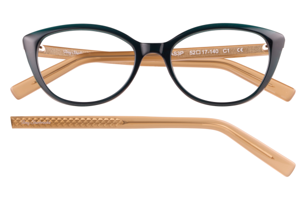 Eyeglasses with dark green-black rounded frames and light tan temples, branding 'Amy Sherbrooke' on the arm.
