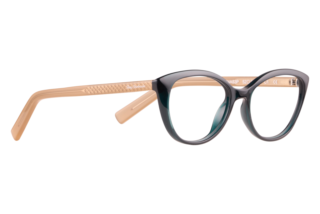Eyeglasses with black round front and tan textured temples, shown in profile layout.