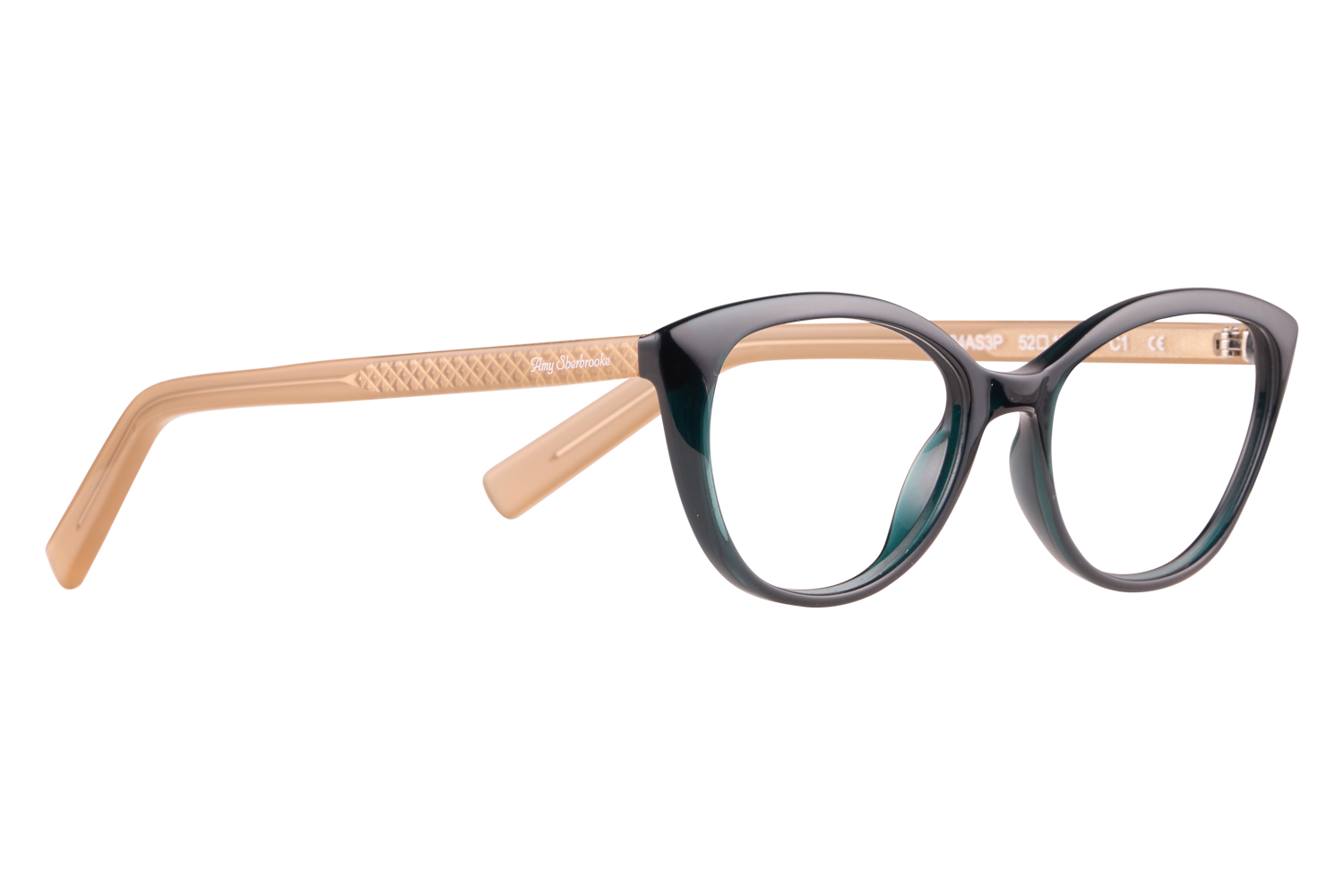 Eyeglasses with black round front and tan textured temples, shown in profile layout.