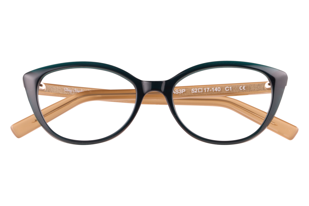 Front view of black rounded eyeglasses with gold-tone temples.