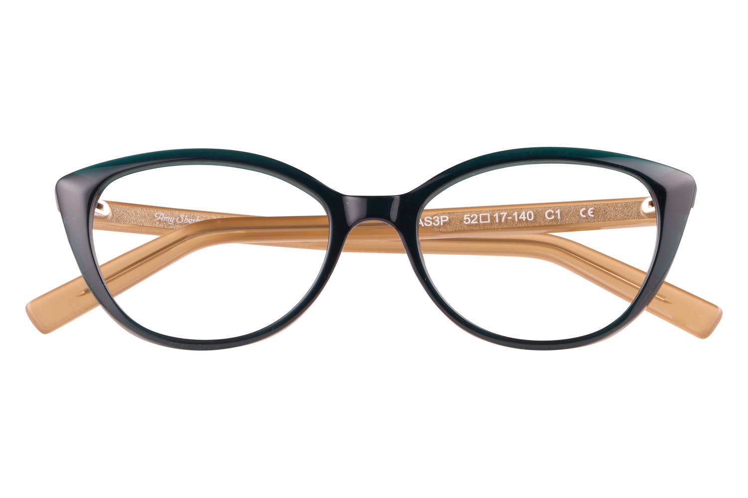Front view of black rounded eyeglasses with gold-tone temples.