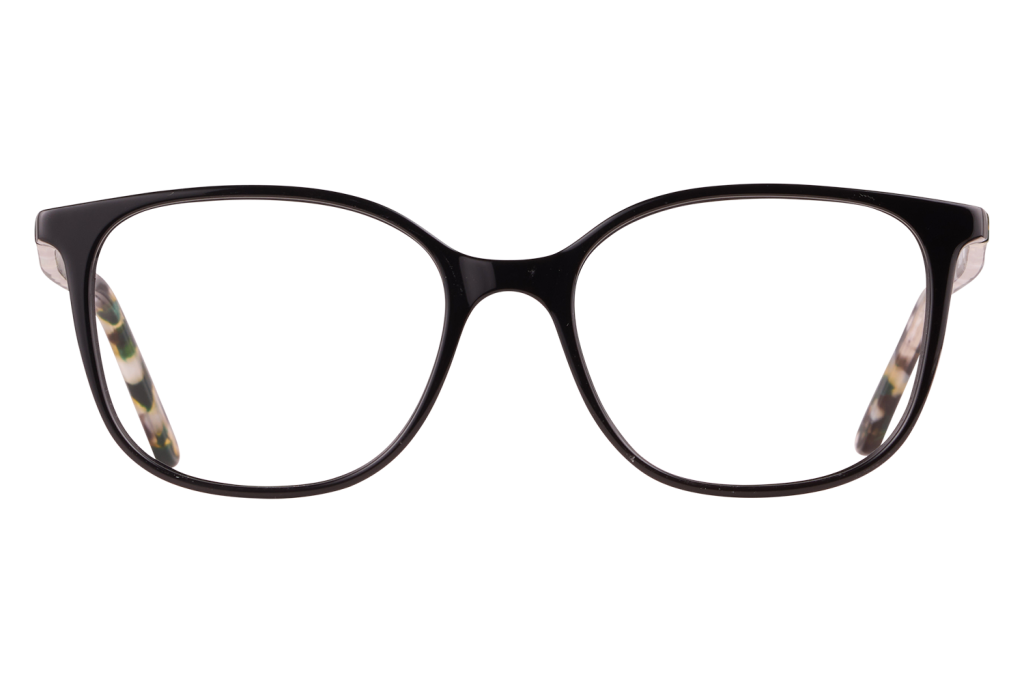 Front view of black plastic eyeglasses with thick frames on a light surface