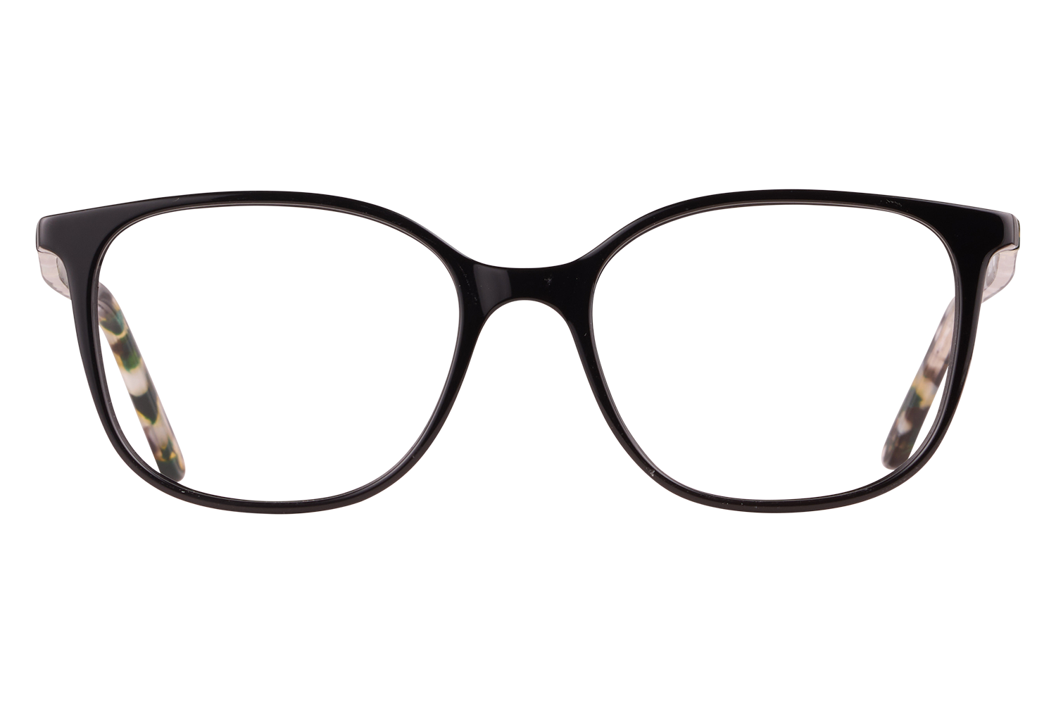Front view of black plastic eyeglasses with thick frames on a light surface