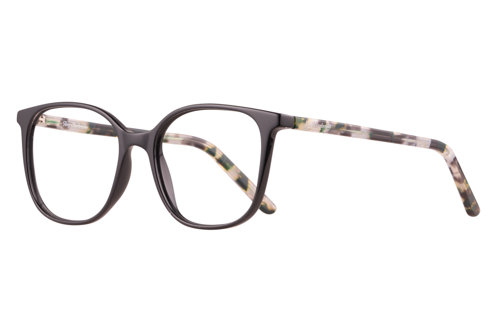 Black rectangular-frame eyeglasses with tortoiseshell-patterned temples on a light background