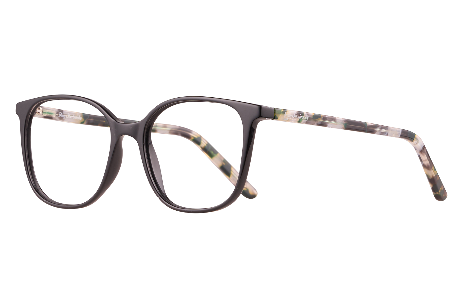 Black rectangular-frame eyeglasses with tortoiseshell-patterned temples on a light background