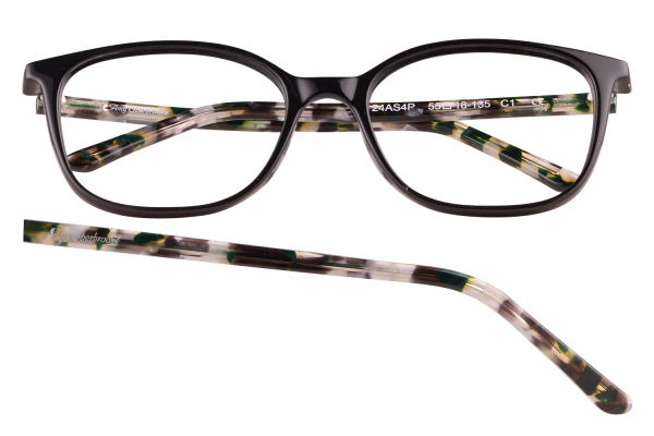 Black plastic eyeglasses with a camouflage-patterned temple arms and thick frame, viewed front-on.