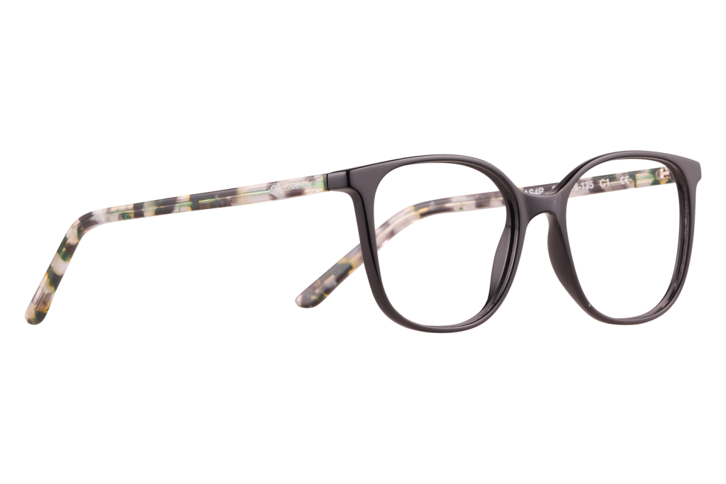 Black plastic eyeglasses with rectangular frames and colorful tortoiseshell-patterned temples, close-up side view