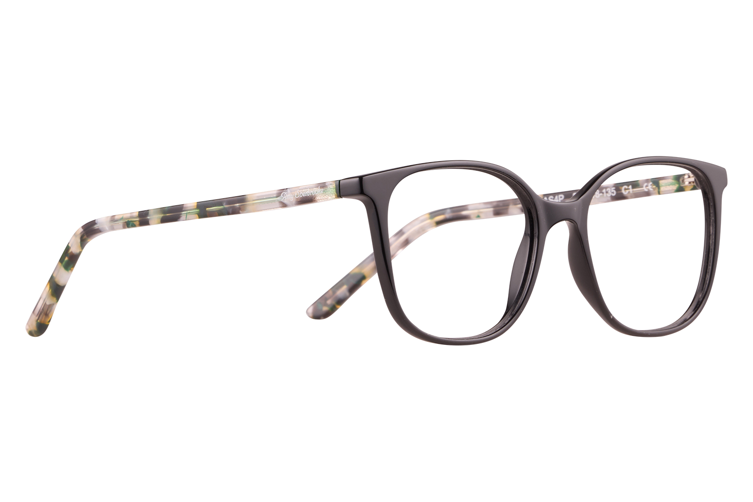 Black plastic eyeglasses with rectangular frames and colorful tortoiseshell-patterned temples, close-up side view