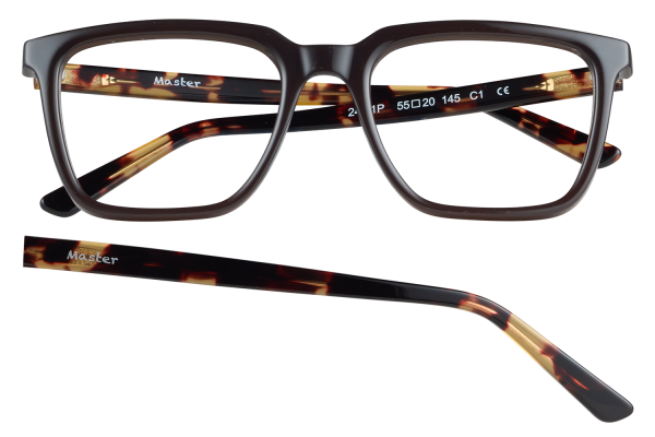 Dark brown rectangular eyeglasses with tortoiseshell arms; visible 'Master' branding on the inner temple and an extra temple arm included.