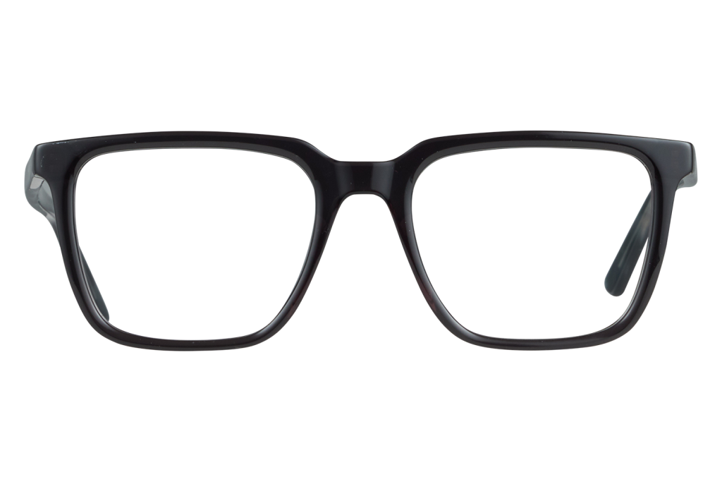 Rectangular black eyeglasses viewed head-on, showing full front frame and bridge.