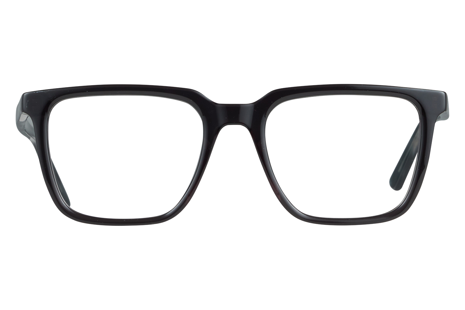 Rectangular black eyeglasses viewed head-on, showing full front frame and bridge.