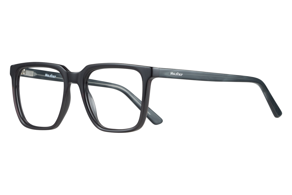 Black rectangular eyeglasses with the word 'Master' on the temple, resting on a surface.