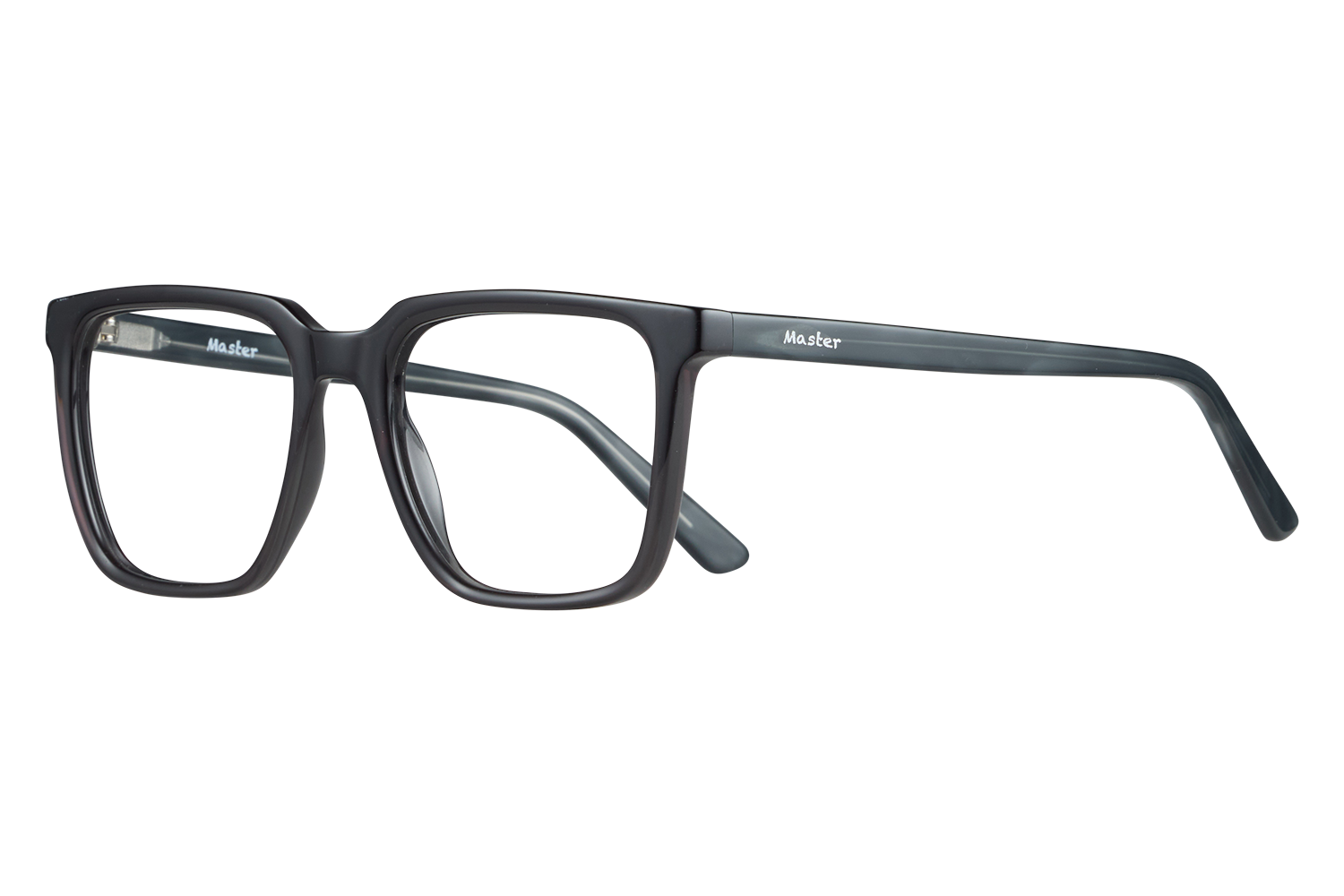 Black rectangular eyeglasses with the word 'Master' on the temple, resting on a surface.