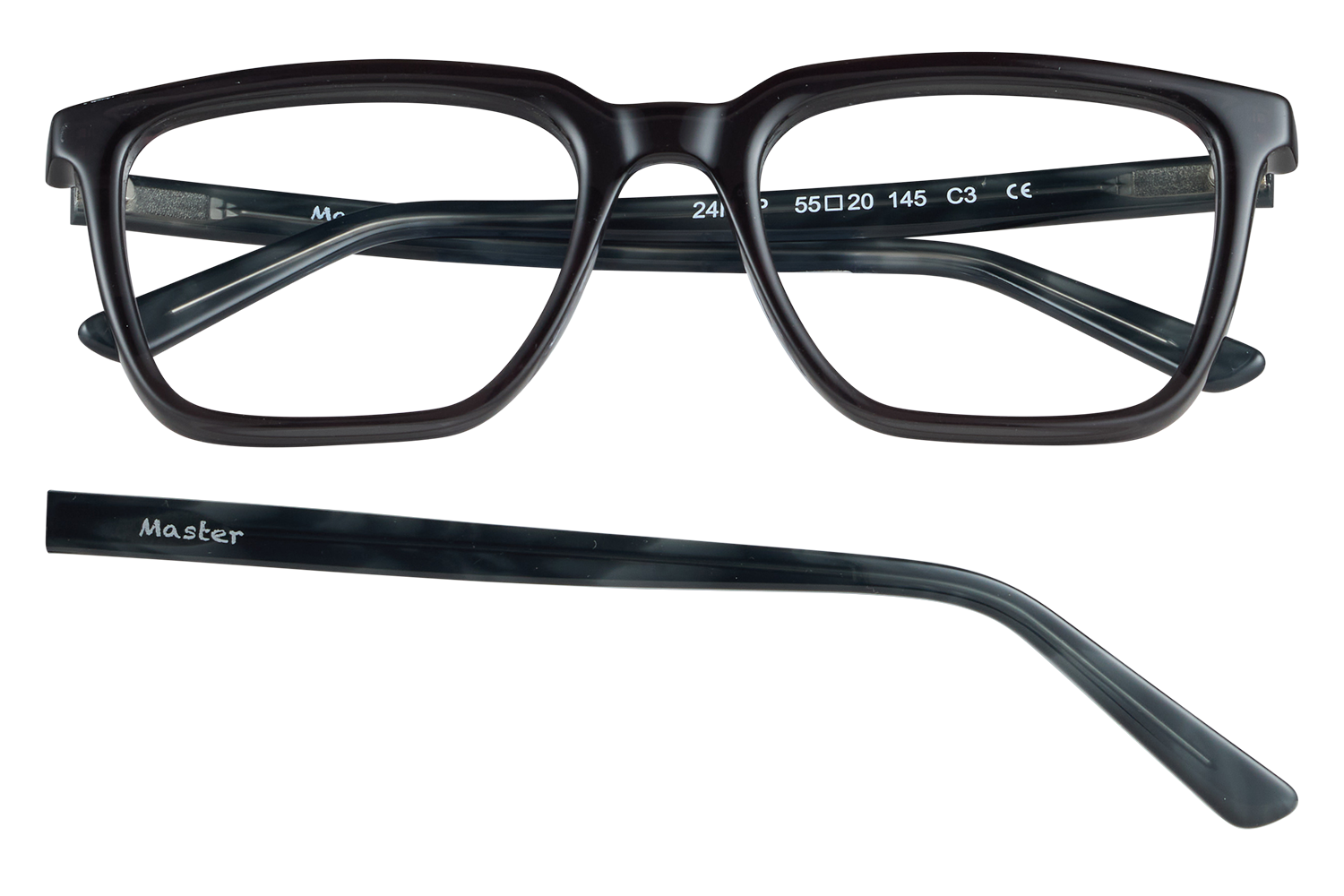 Black plastic rectangular eyeglasses with thick frames and 'Master' branding on the temple arm, shown with detached temple piece.