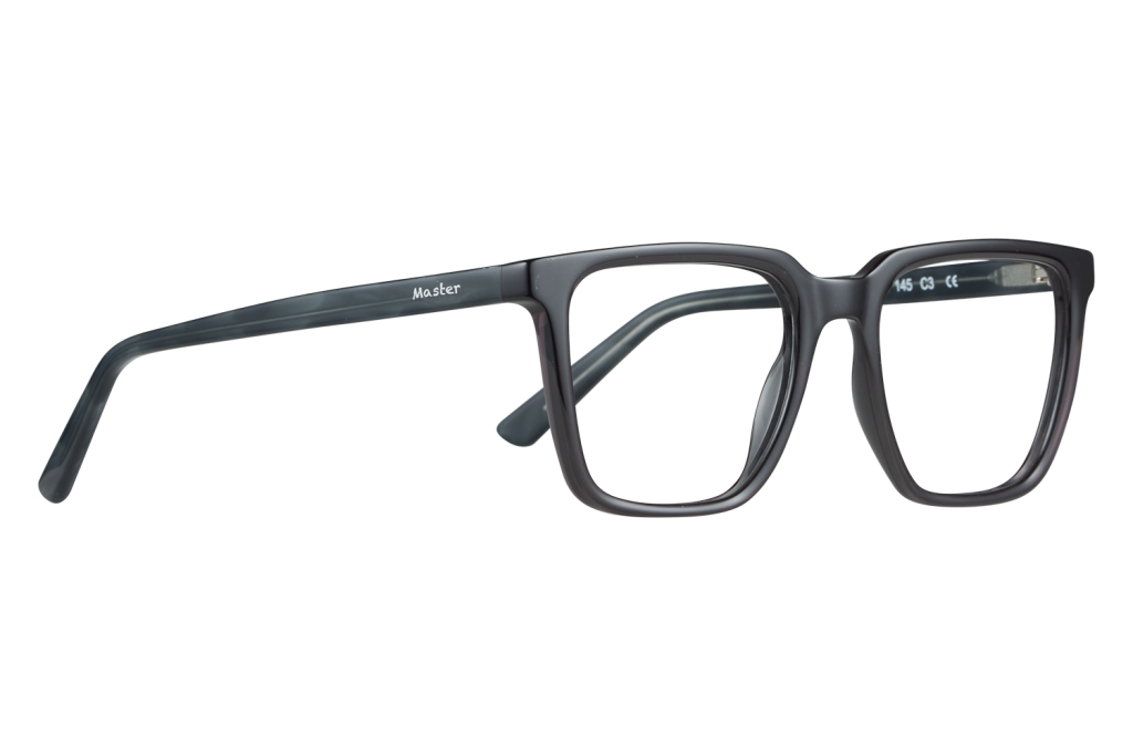 Black plastic eyeglasses with thick rectangular frames, showing the temple marked 'Master' and frame size on the lens edge (145 C3 CE)