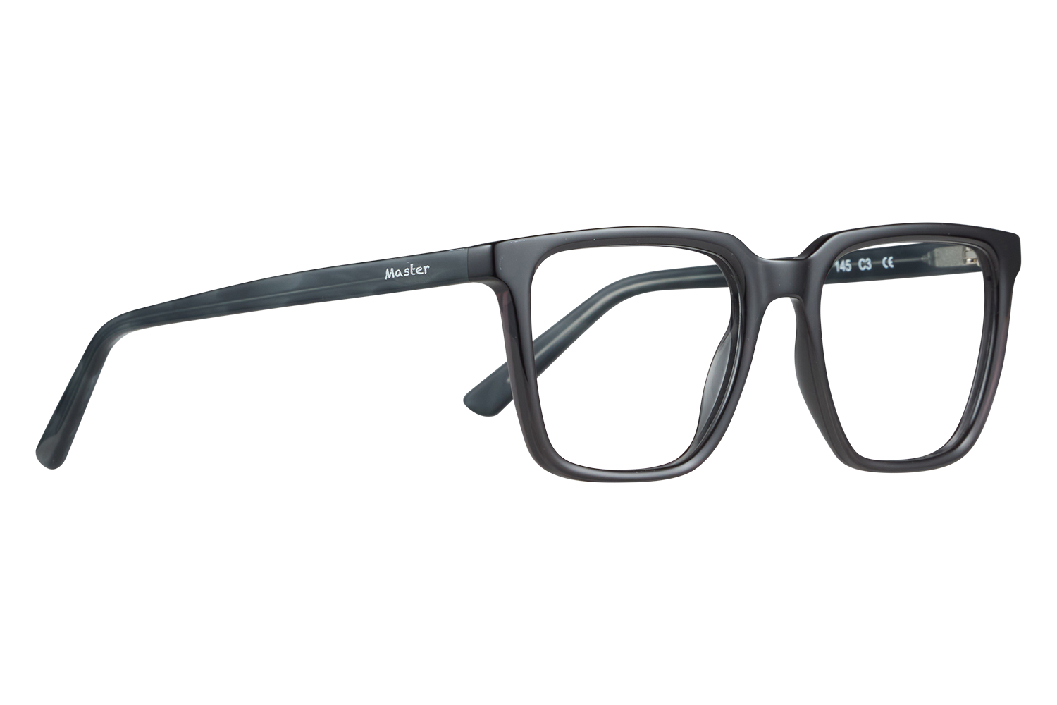 Black plastic eyeglasses with thick rectangular frames, showing the temple marked 'Master' and frame size on the lens edge (145 C3 CE)