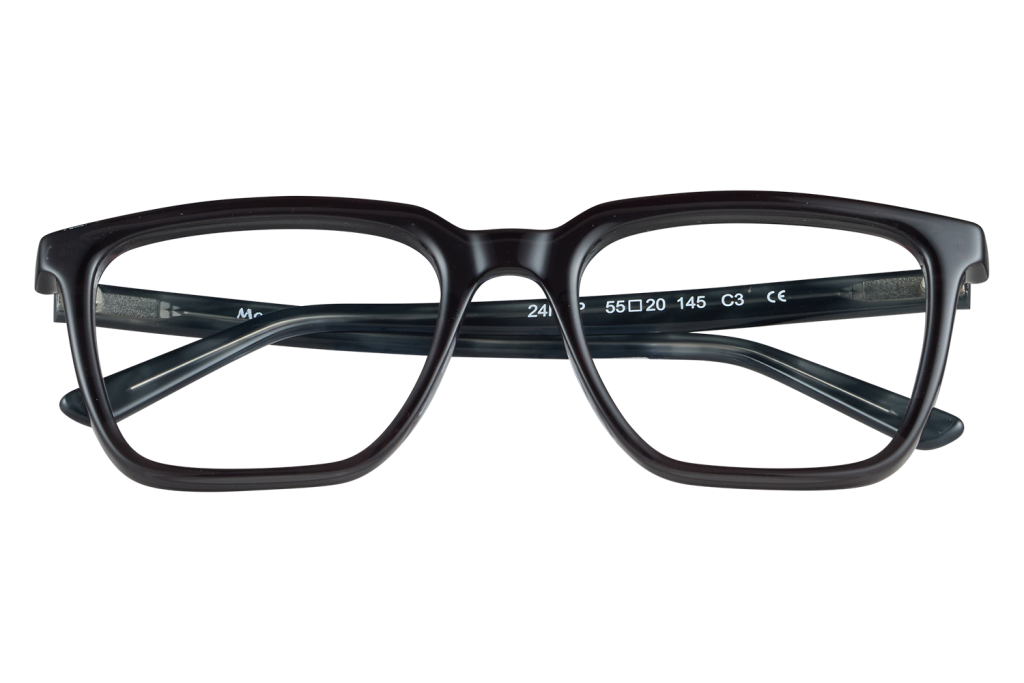 Black rectangular eyeglasses resting on two clear blocks against a gray background, front view.