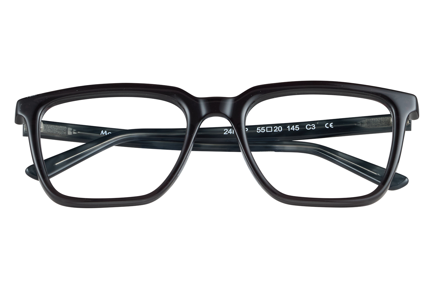 Black rectangular eyeglasses resting on two clear blocks against a gray background, front view.