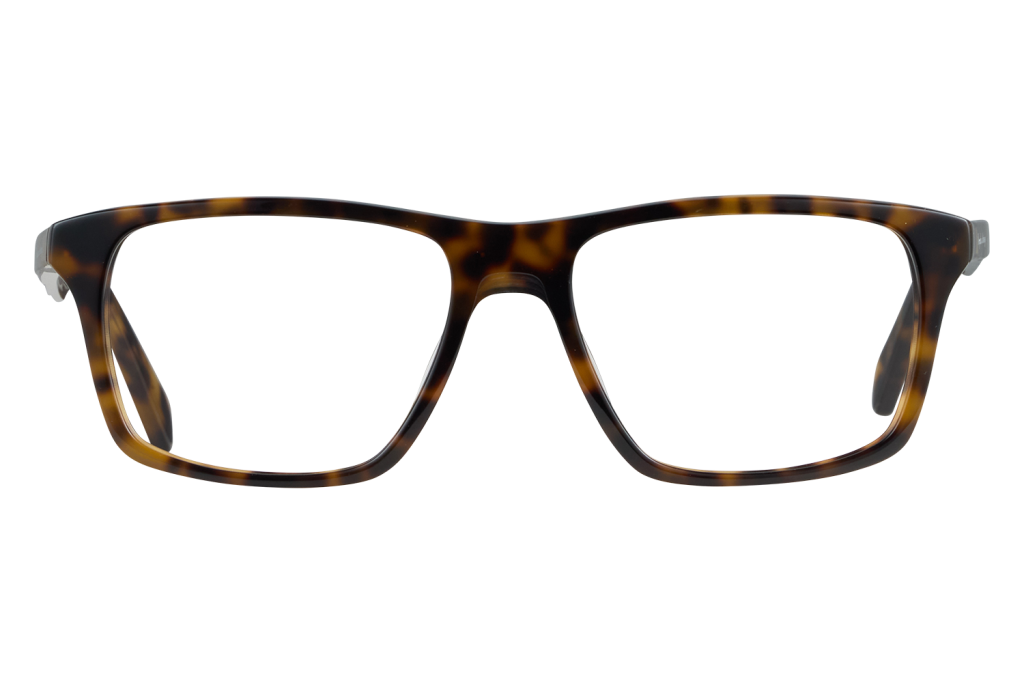 Close-up of tortoiseshell rectangular eyeglasses viewed from the front on a gray background.