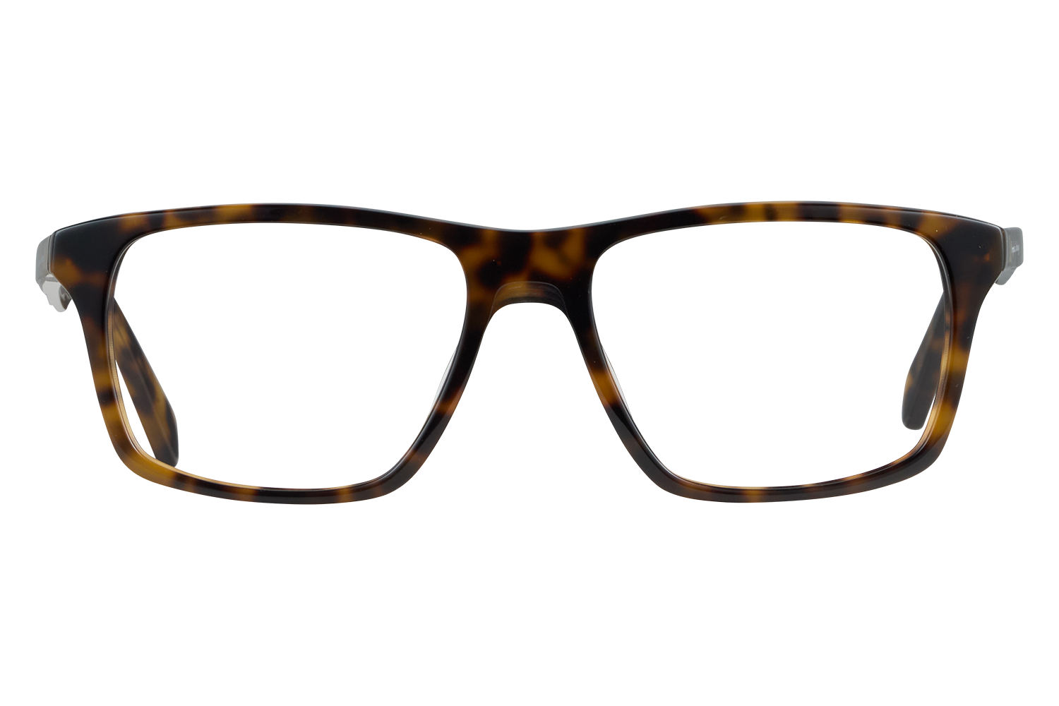 Close-up of tortoiseshell rectangular eyeglasses viewed from the front on a gray background.