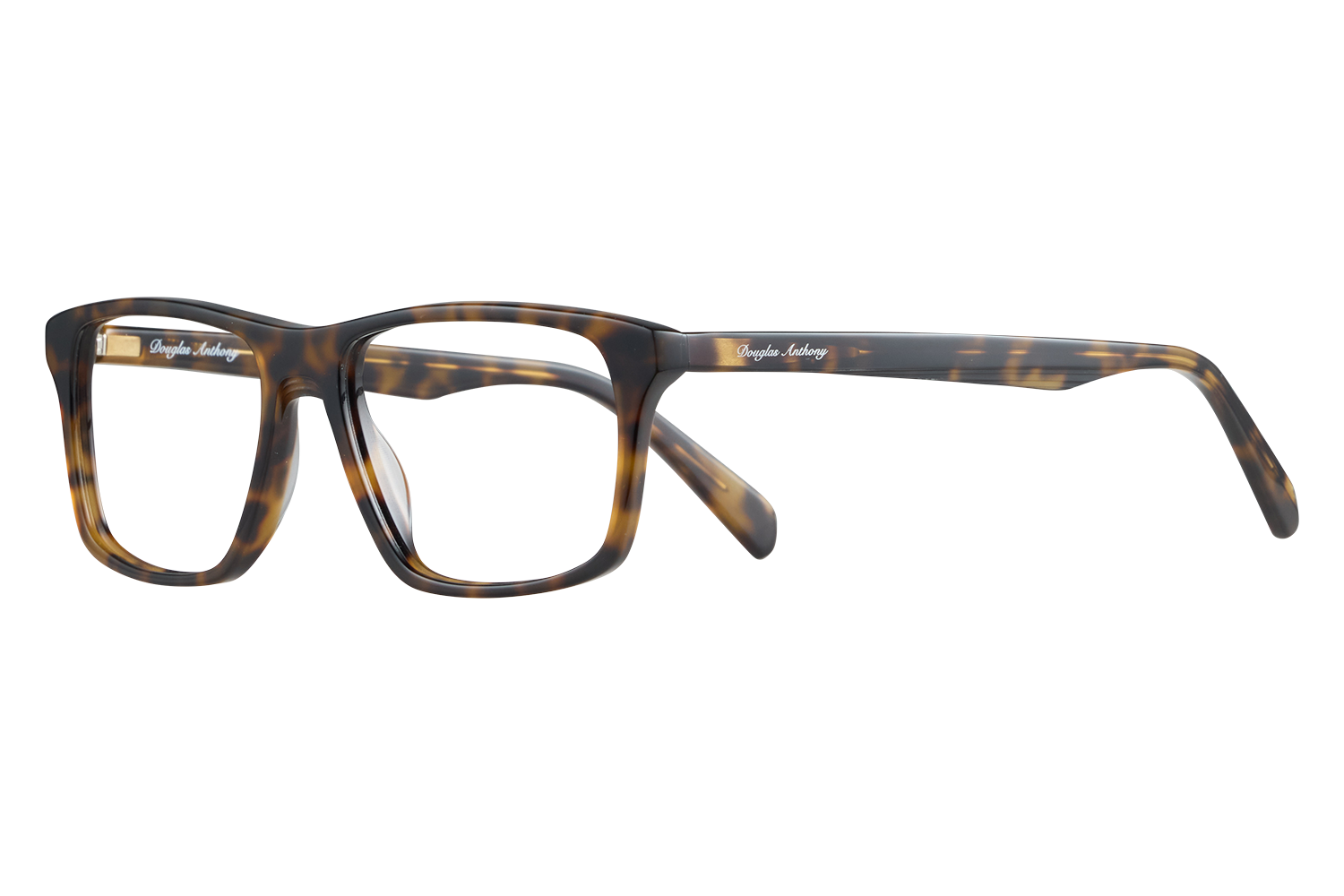 Tortoiseshell rectangular eyeglasses with the 'Douglas Anthony' logo on the temple.