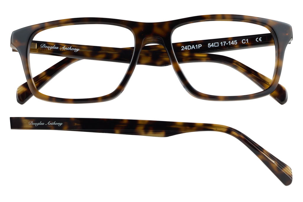 Tortoiseshell full-race eyeglasses with rectangular frames and 'Douglas Anthony' on the temple.