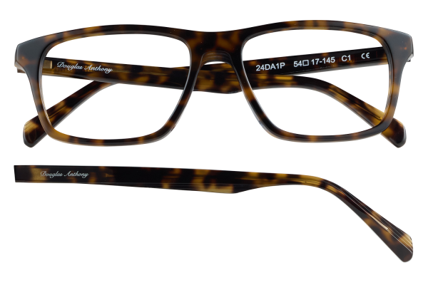 Tortoiseshell full-race eyeglasses with rectangular frames and 'Douglas Anthony' on the temple.