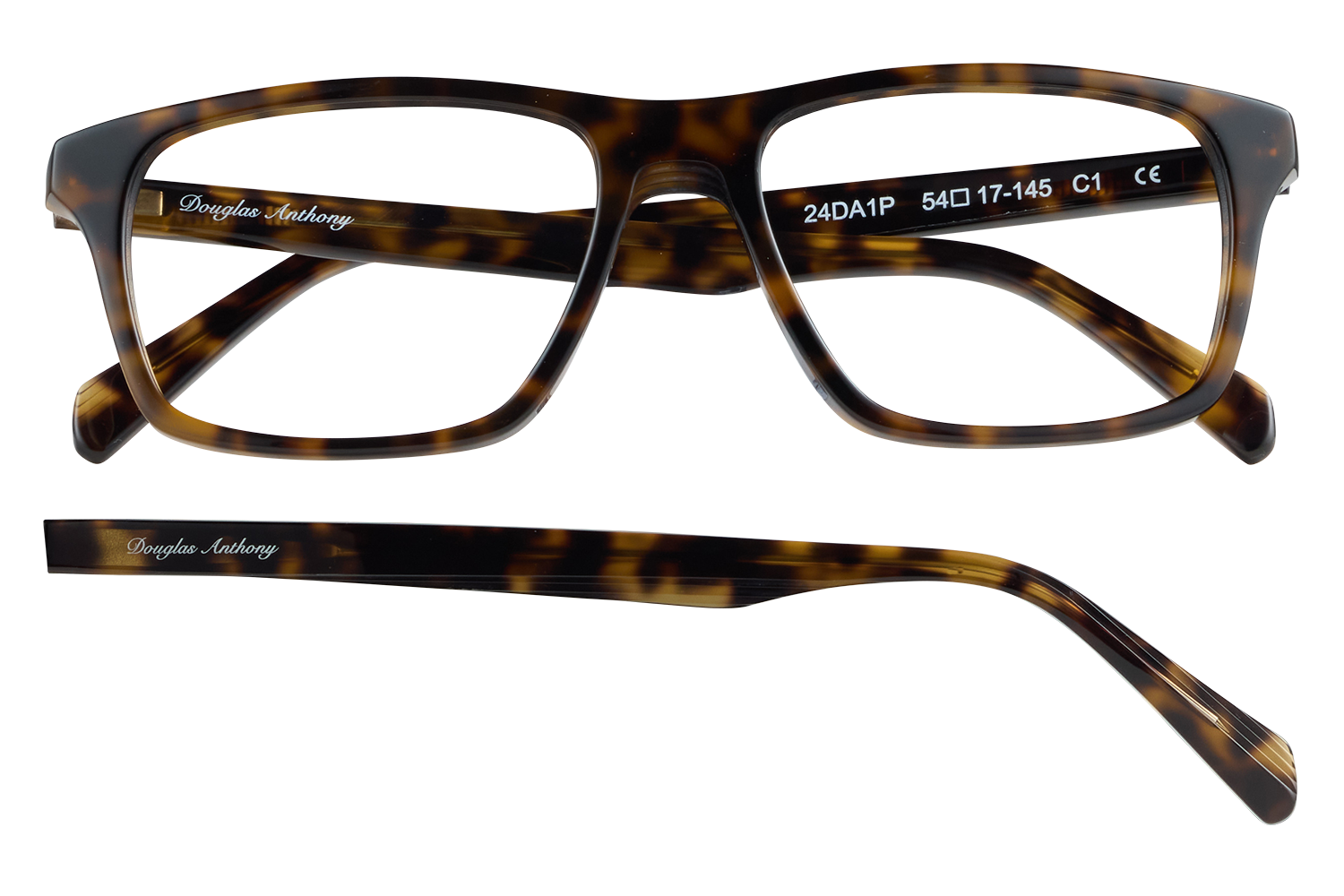 Tortoiseshell full-race eyeglasses with rectangular frames and 'Douglas Anthony' on the temple.