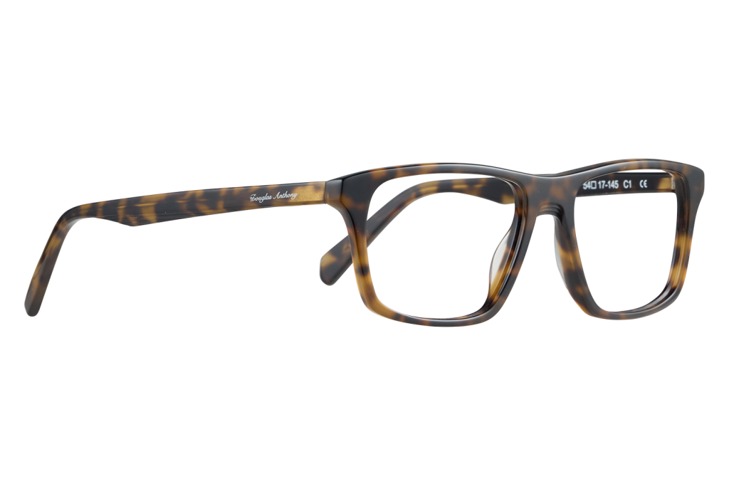 Tortoiseshell rectangular eyeglasses with 'Douglas Anthony' on the temple, resting on a white surface