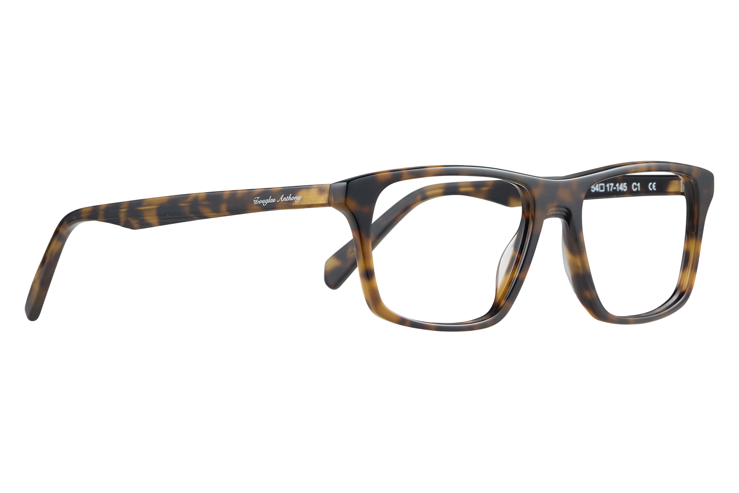 Tortoiseshell rectangular eyeglasses with 'Douglas Anthony' on the temple, resting on a white surface
