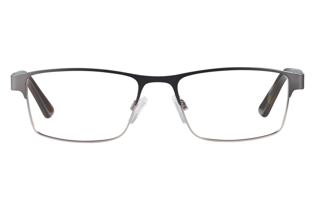 Front view of a pair of rectangular metal-frame glasses with clear nose pads and gray lenses.