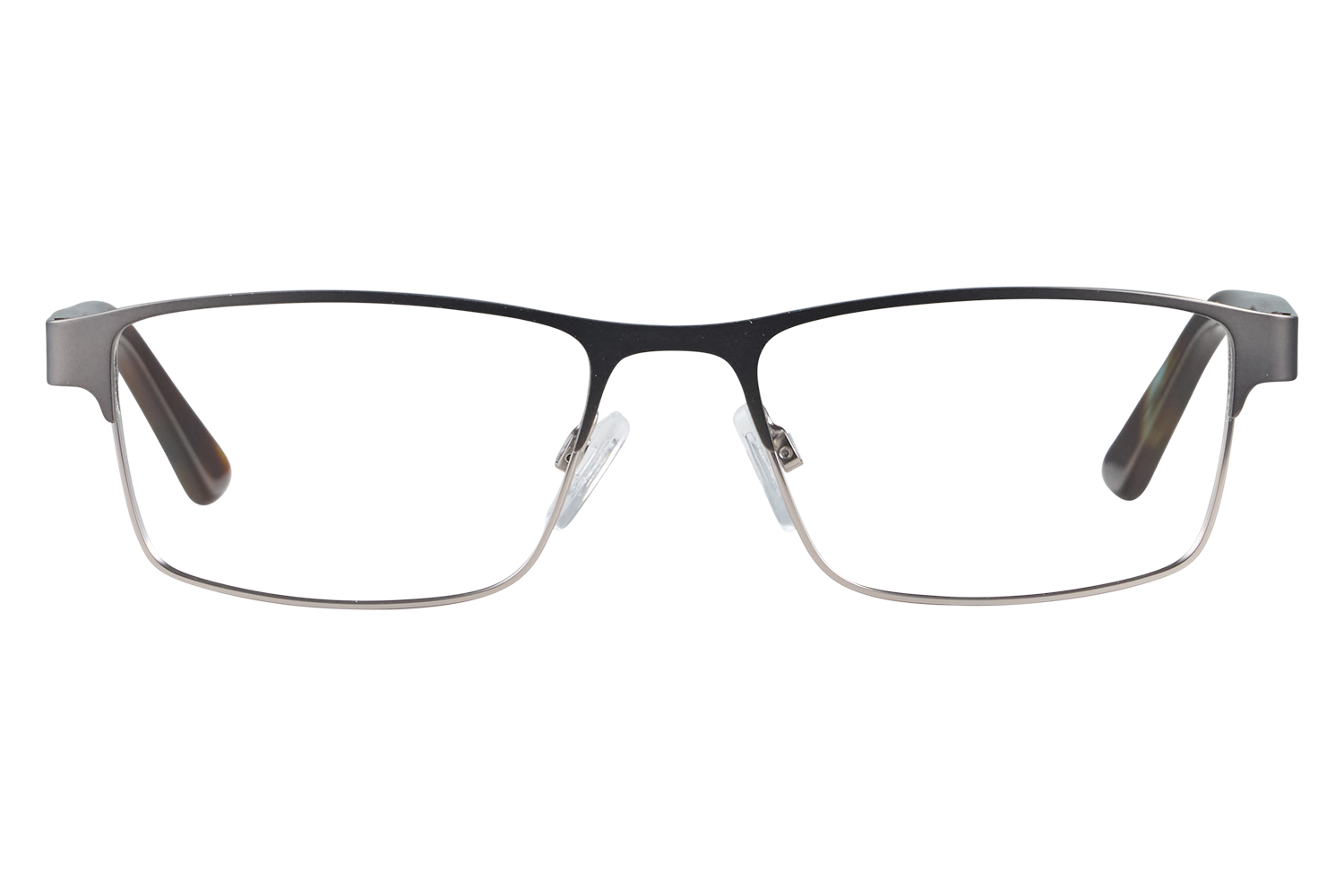 Front view of a pair of rectangular metal-frame glasses with clear nose pads and gray lenses.
