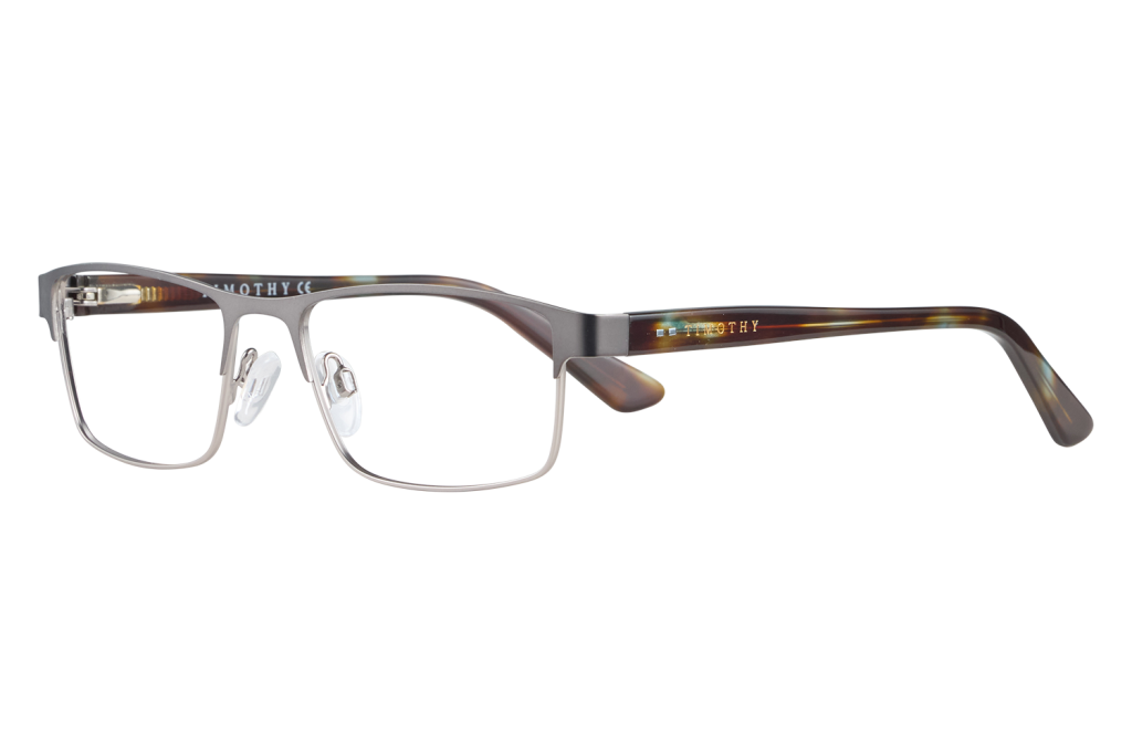 Rectangular metal eyeglasses with tortoiseshell temples and adjustable nose pads resting on a light surface