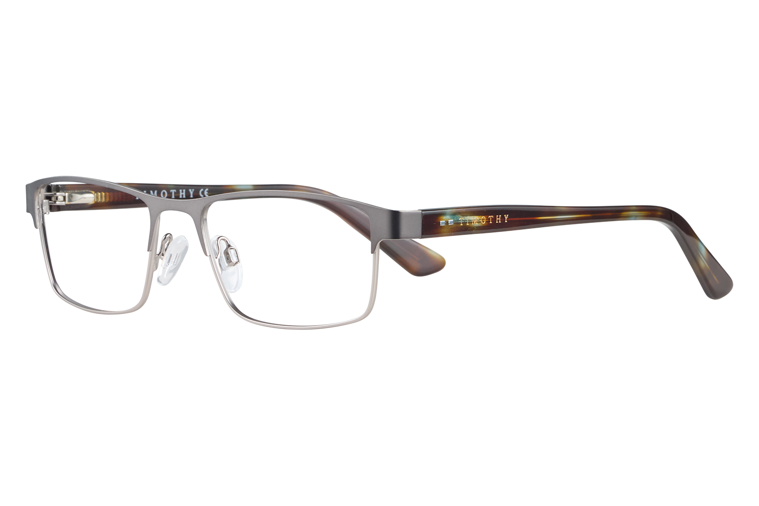 Rectangular metal eyeglasses with tortoiseshell temples and adjustable nose pads resting on a light surface