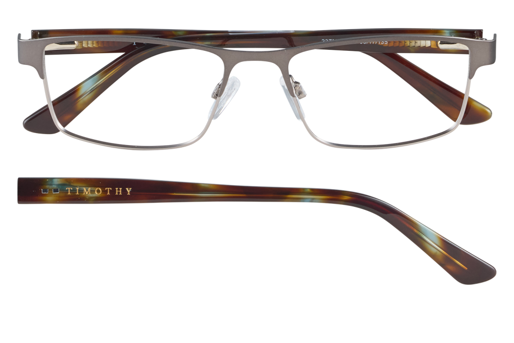 Rectangular metal-framed eyeglasses with tortoiseshell temples and a Timothy logo on the arm viewed from the front and side