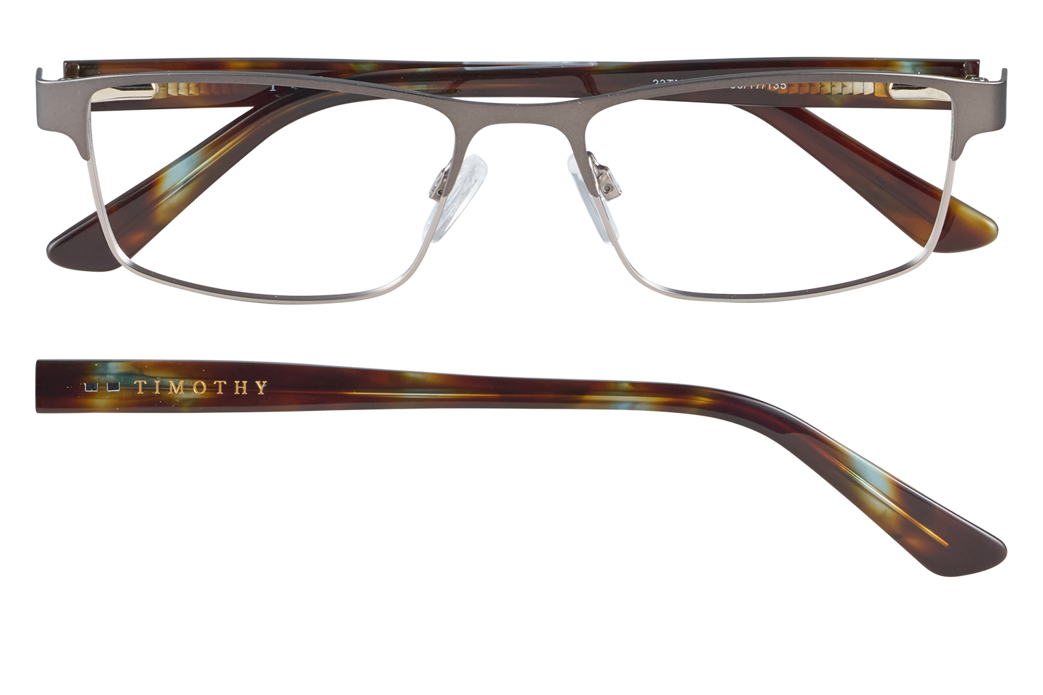 Rectangular metal-framed eyeglasses with tortoiseshell temples and a Timothy logo on the arm viewed from the front and side