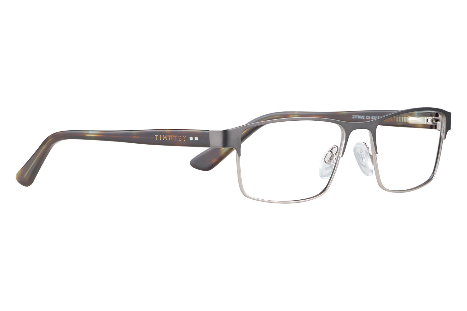 Rectangular metal eyeglasses with tortoiseshell arms resting on a light surface; 'TIMOTHY' logo on the temple(s).