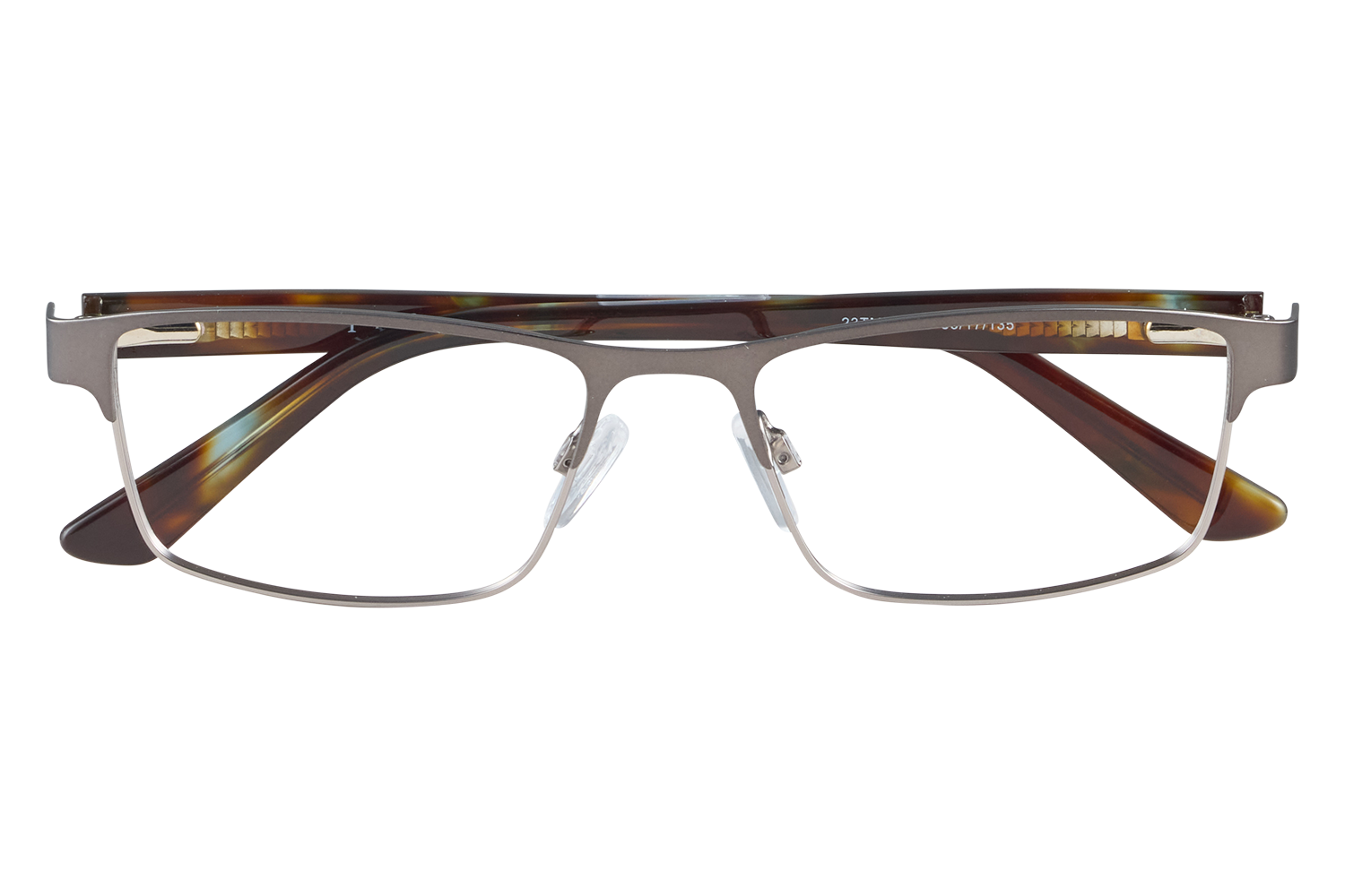 Rectangular metal-frame eyeglasses with tortoiseshell temples resting on a clear glass stand against a light background.