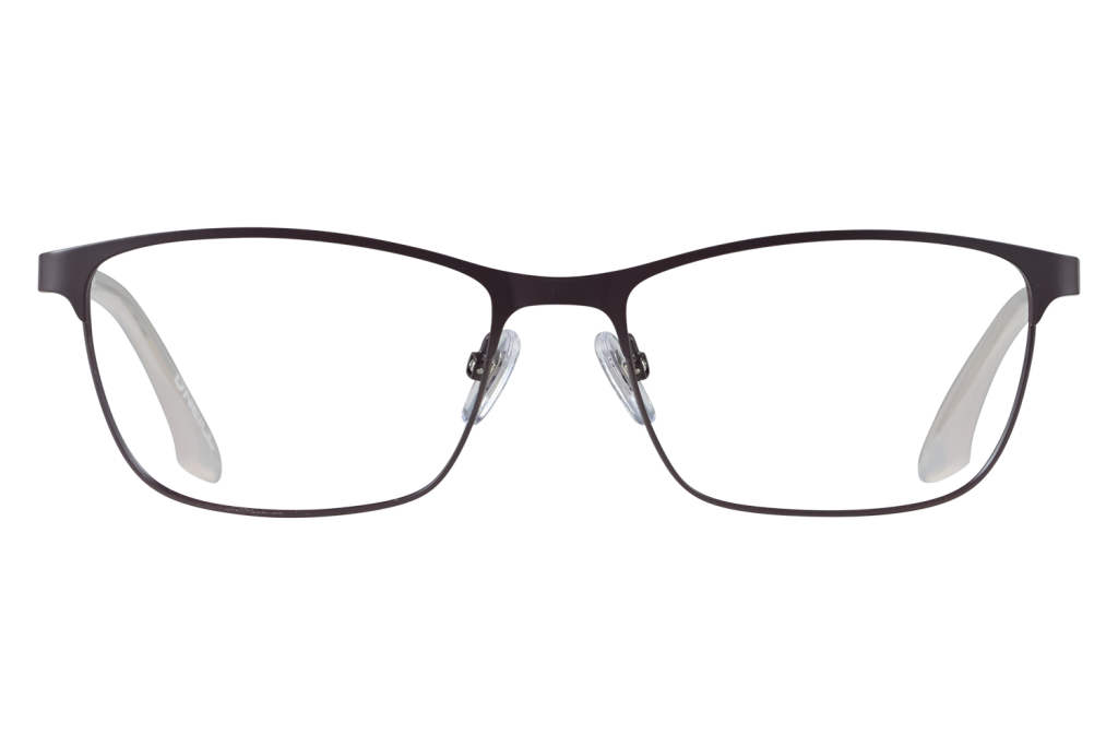 Close-up of black metal eyeglasses with clear lenses and nose pads, viewed from the front.