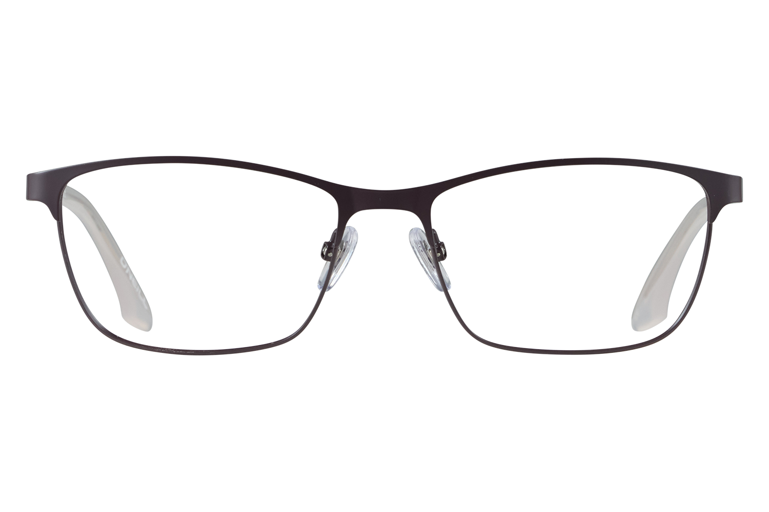 Close-up of black metal eyeglasses with clear lenses and nose pads, viewed from the front.