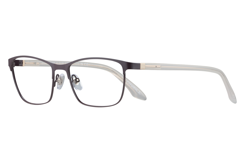 Pair of black rectangular eyeglasses with transparent arms resting on a light surface.