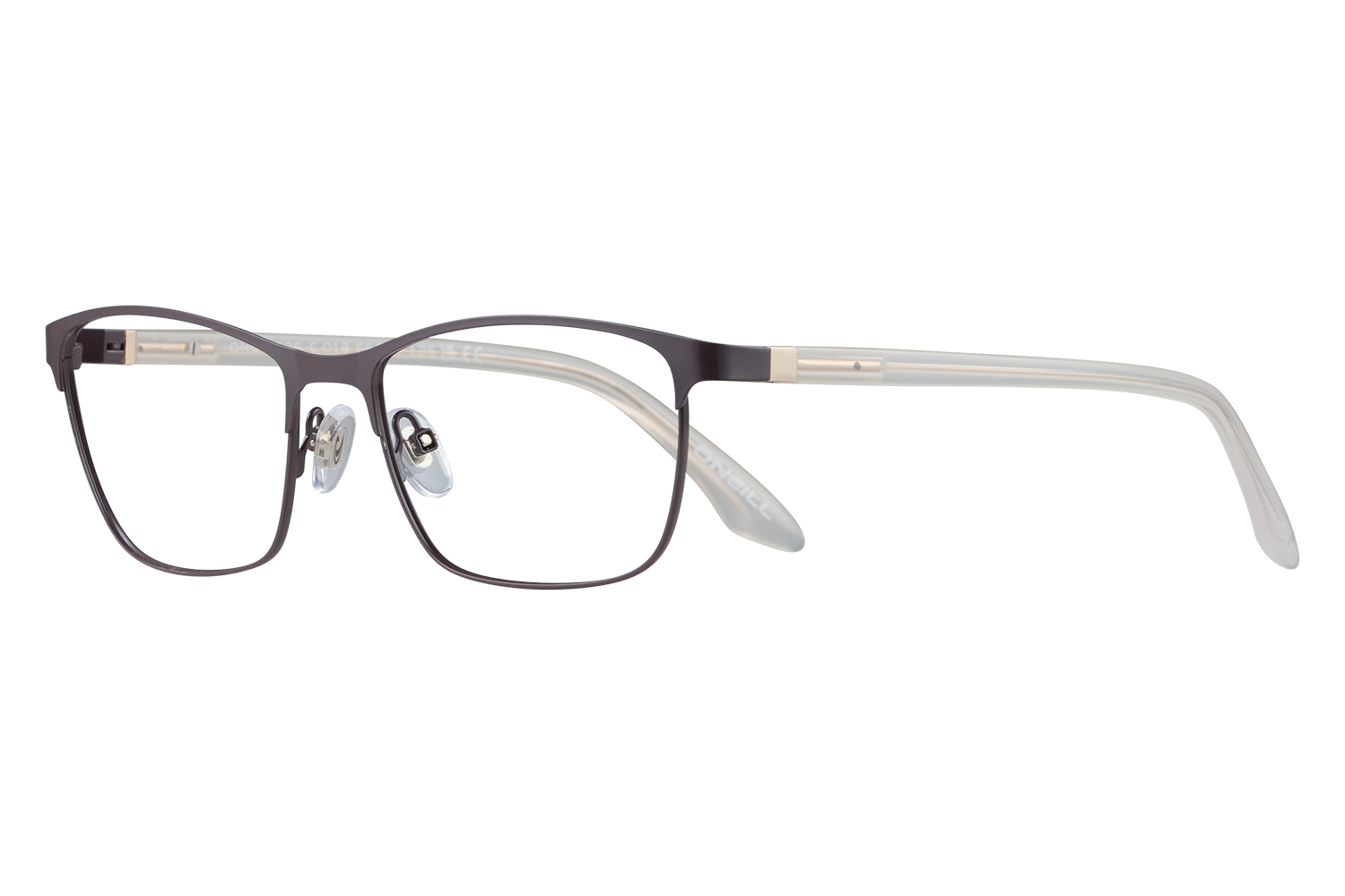 Pair of black rectangular eyeglasses with transparent arms resting on a light surface.