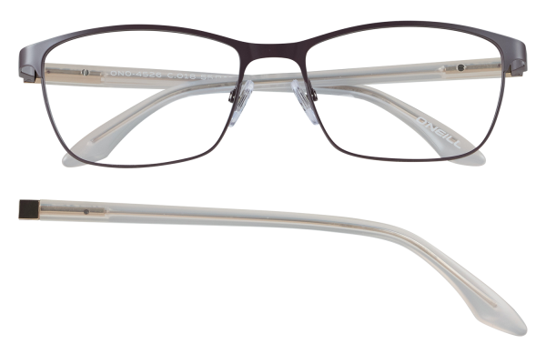 Rectangular brown metal eyeglasses with clear beige temples, shown from front and side.