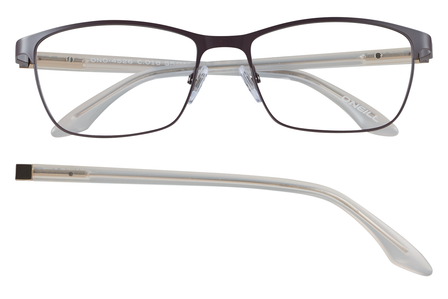 Rectangular brown metal eyeglasses with clear beige temples, shown from front and side.