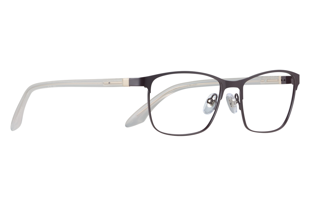 Close-up of black-fronted eyeglasses with clear temples resting on a light surface.