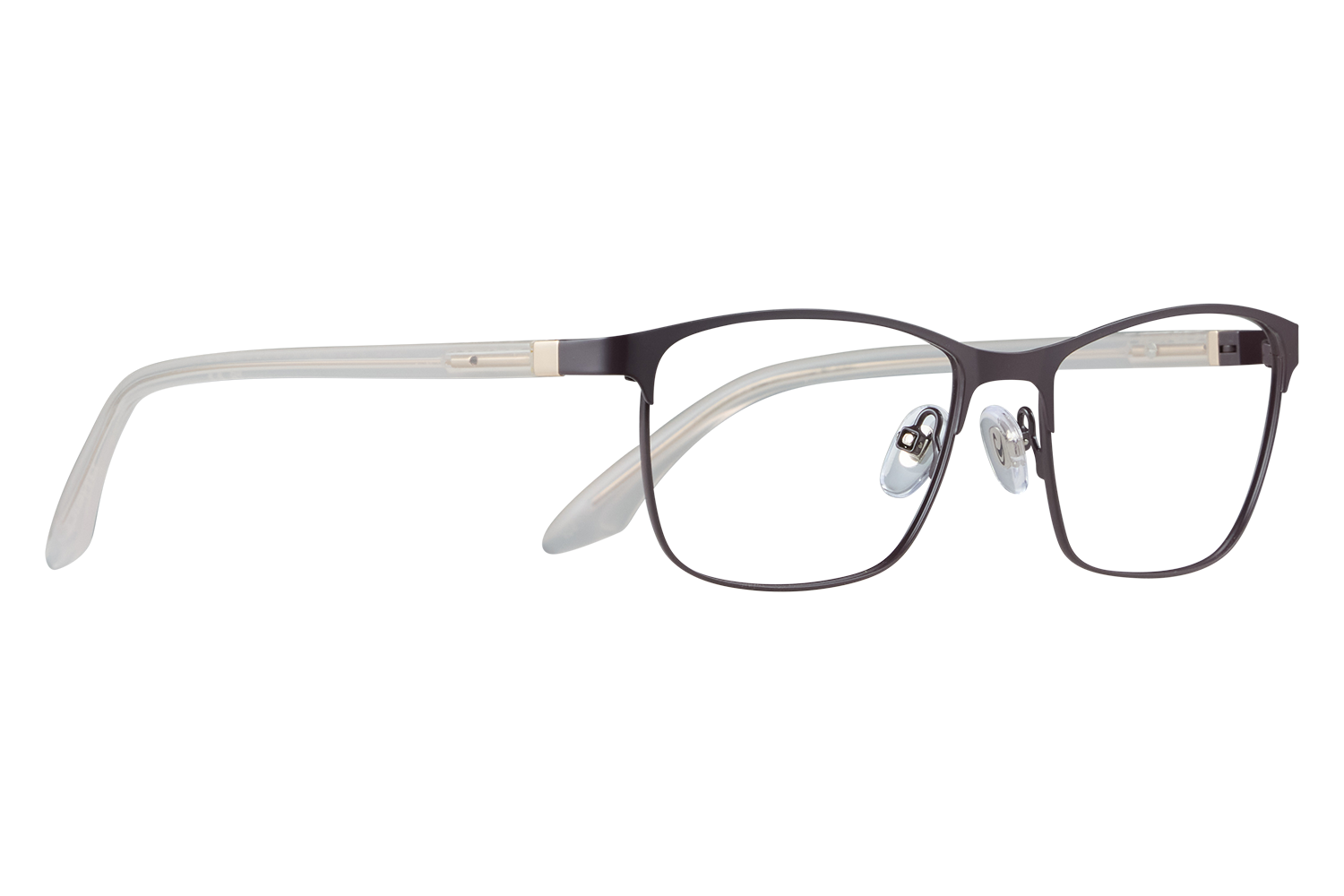 Close-up of black-fronted eyeglasses with clear temples resting on a light surface.