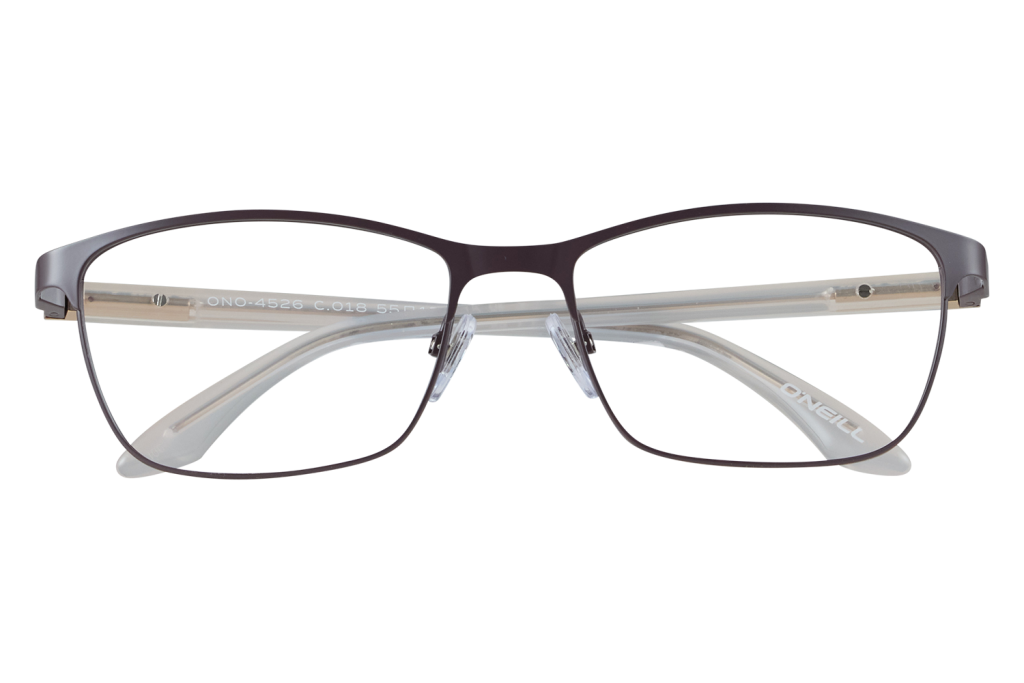 Brown metal-framed eyeglasses resting on clear display blocks, O'Neill branding visible on the temple