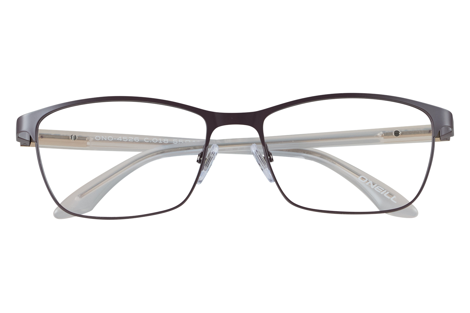 Brown metal-framed eyeglasses resting on clear display blocks, O'Neill branding visible on the temple
