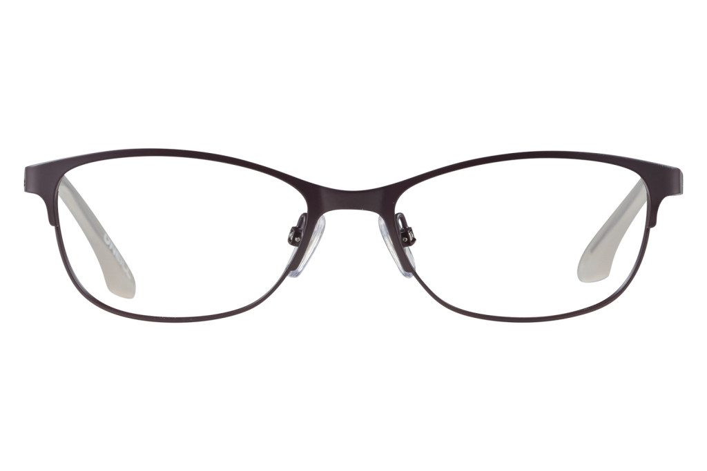 Front view of a black rectangular eyeglasses frame with clear nose pads