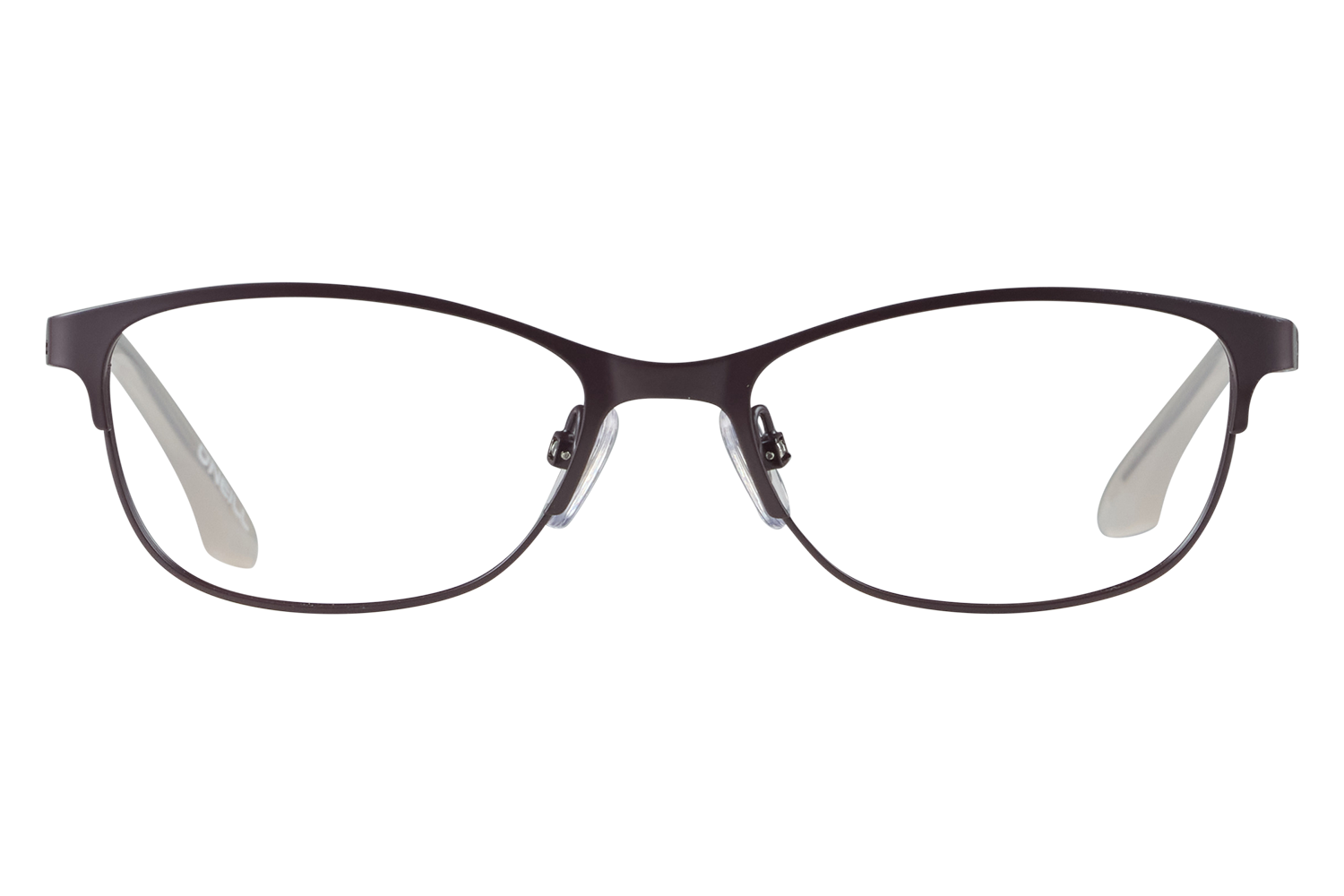 Front view of a black rectangular eyeglasses frame with clear nose pads